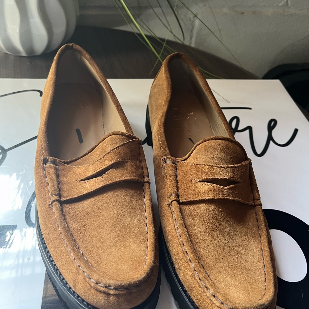Ann Mashburn Suede Tobacco Lug Penny Loafers Size 42 Excellent Condition